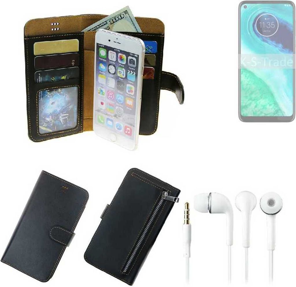 TOP SET Handy Hülle Schutz Hülle kompatibel mit Motorola G8 schwarz aus Kunstleder + Kopfhörer Smartphone Tasche vollwertige Geldbörse