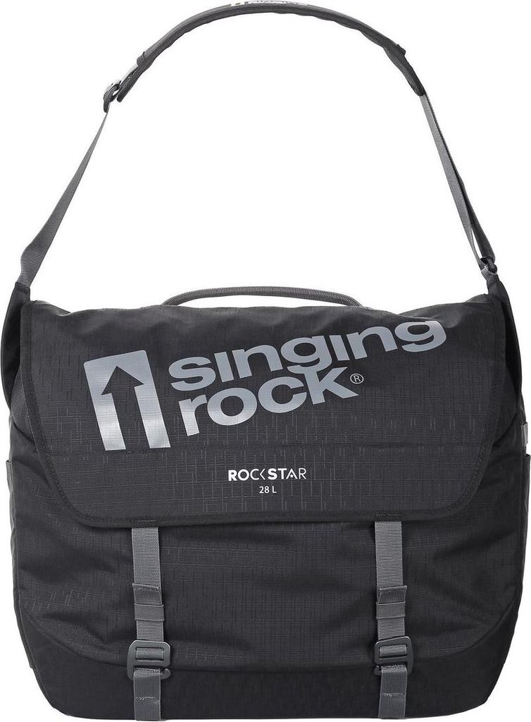 Schwarze Seiltasche "Rockstar 28" von Singing Rock mit verstellbarem Schultergurt und grauem Logo.