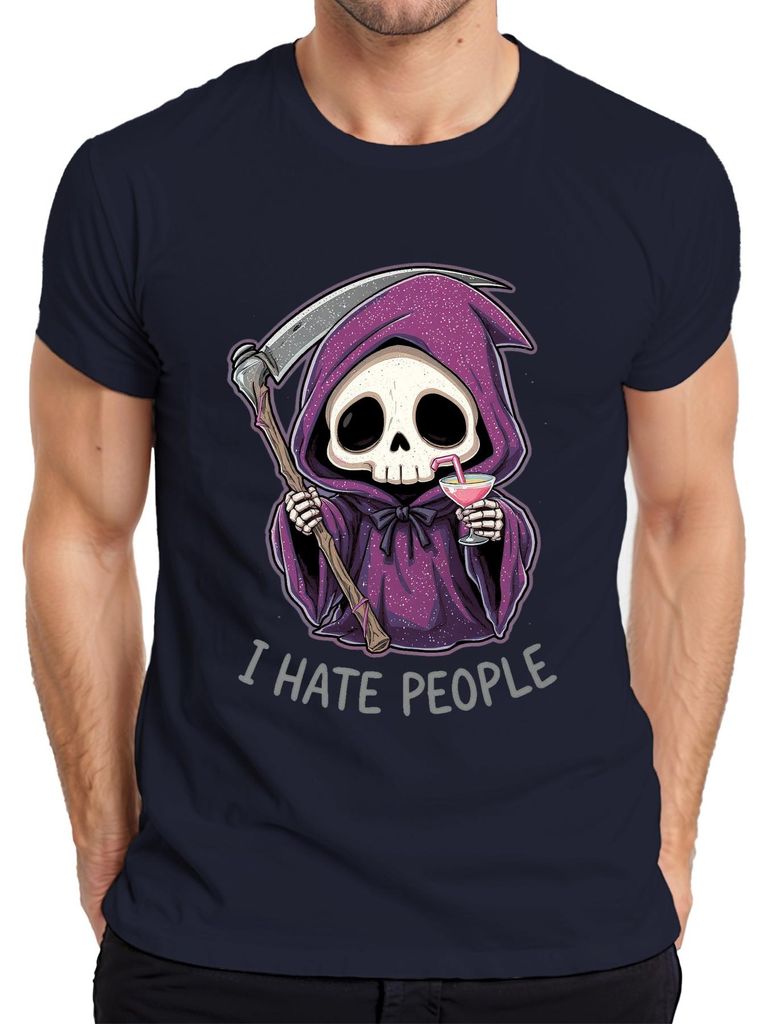 I Hate People Sensenmann Skelett Cocktail lila rosa Gothic lustig Herren T-Shirt, Navy, S
