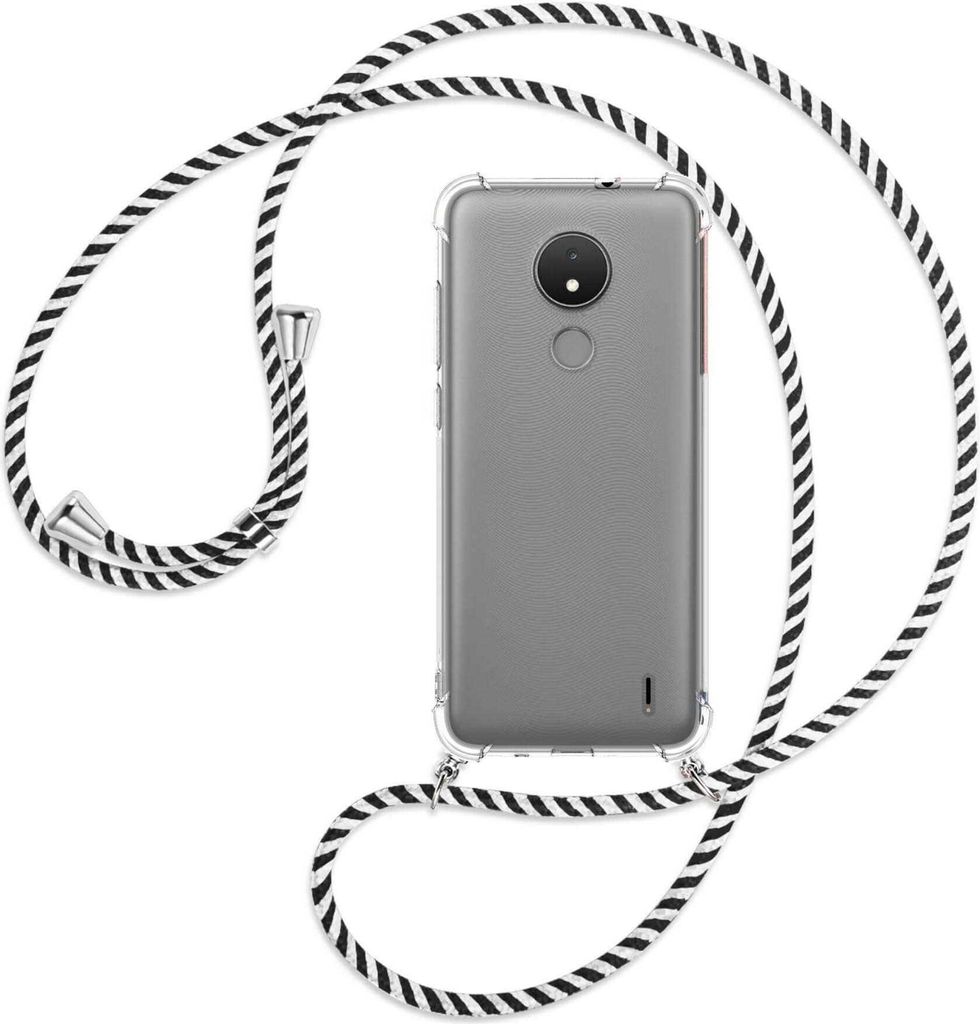 Handykette Backcover-Schutzhülle mit Band (Metall silberfarben) für Nokia C21, Nokia C20 - schwarz/weiß gestreift
