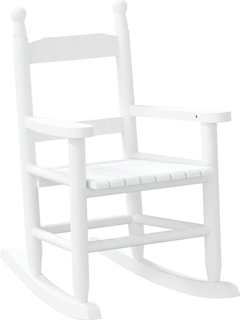 A white wooden rocking chair for children is shown against a white background.