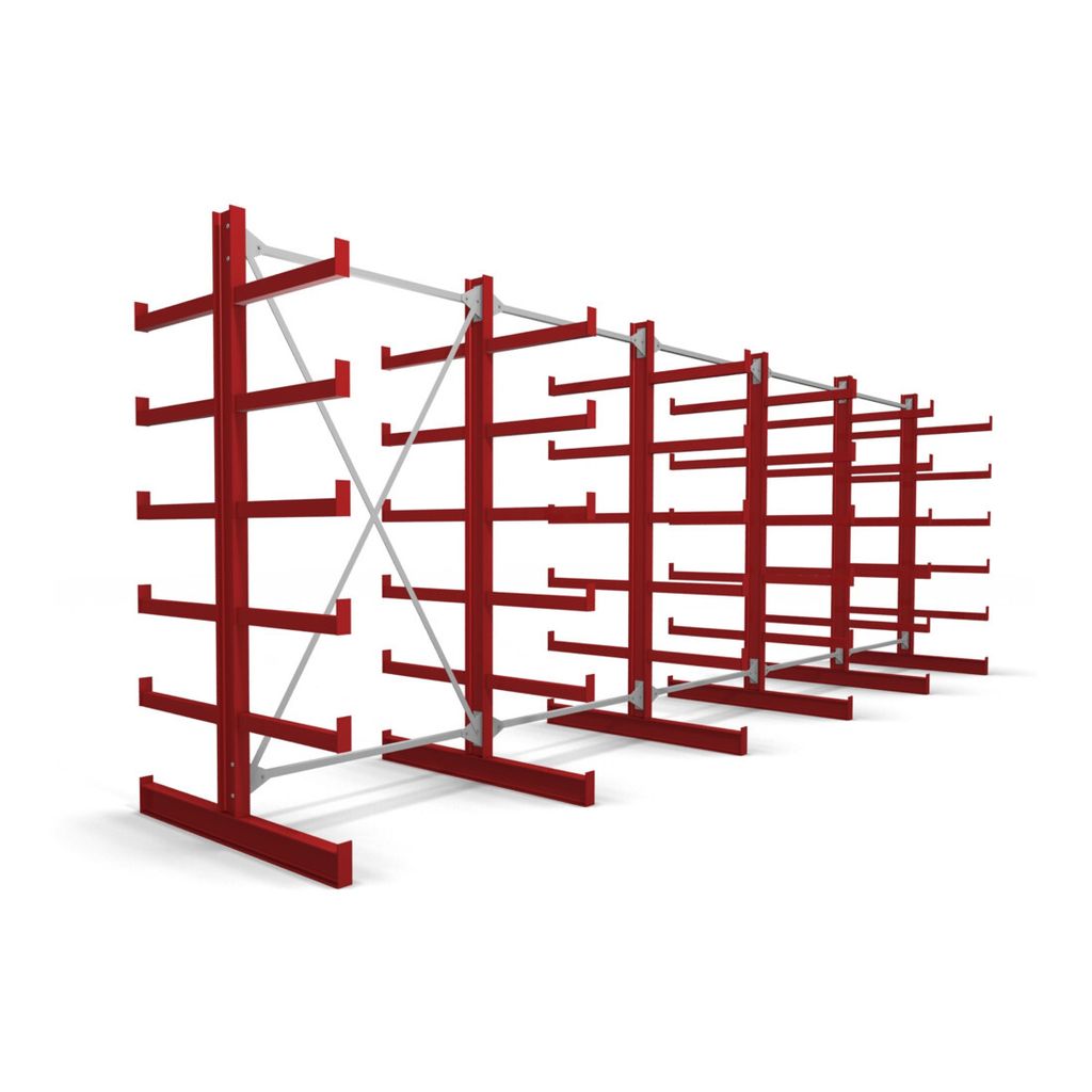 STIER Kragarmregal doppelseitig 5 Felder mit 5 Ebenen 6500x2000x500mm feuerrot