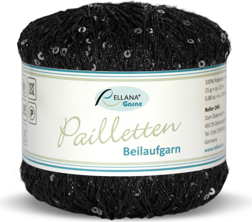 A spool of black yarn with sequins, on a white background.