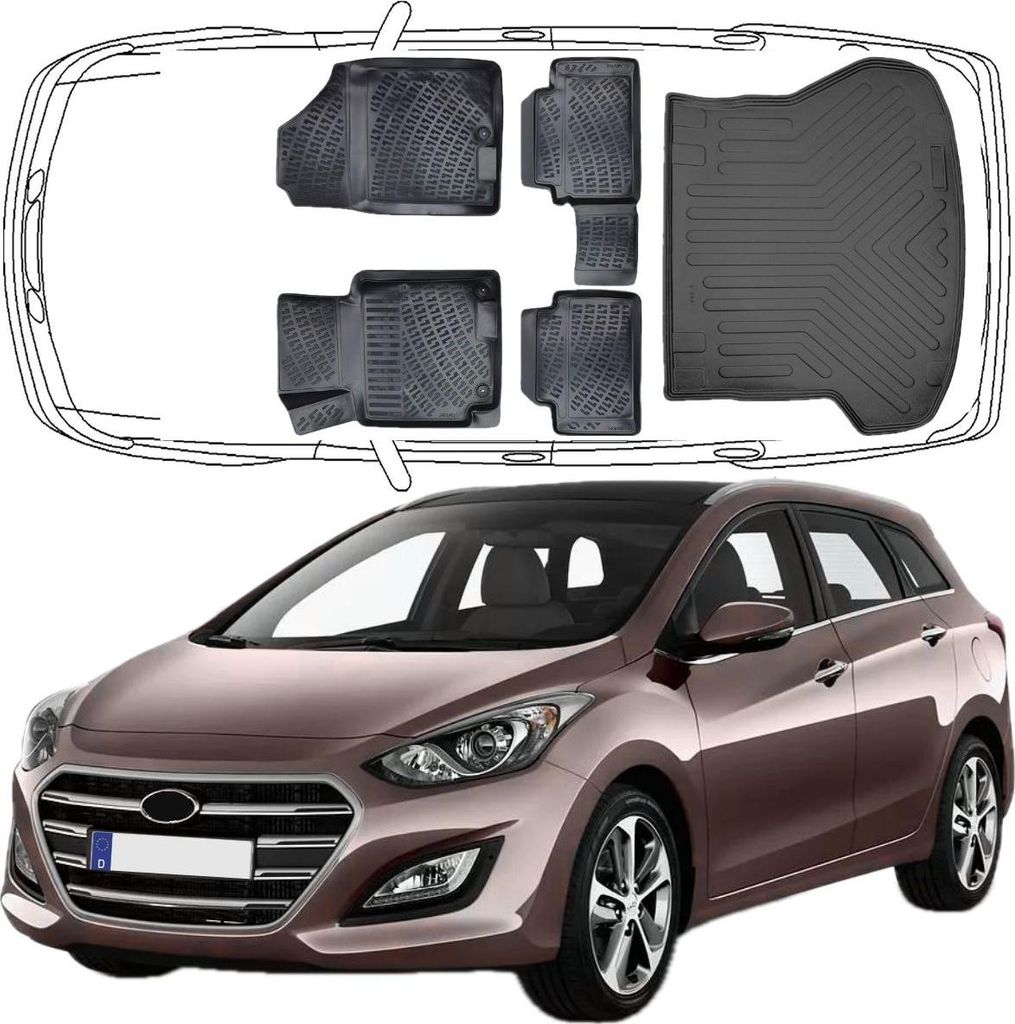 3D Auto Fußmatten & Kofferraumwanne Set Kompatibel mit Hyundai i30 2.Gen Kombi Typ GD 2011-2017