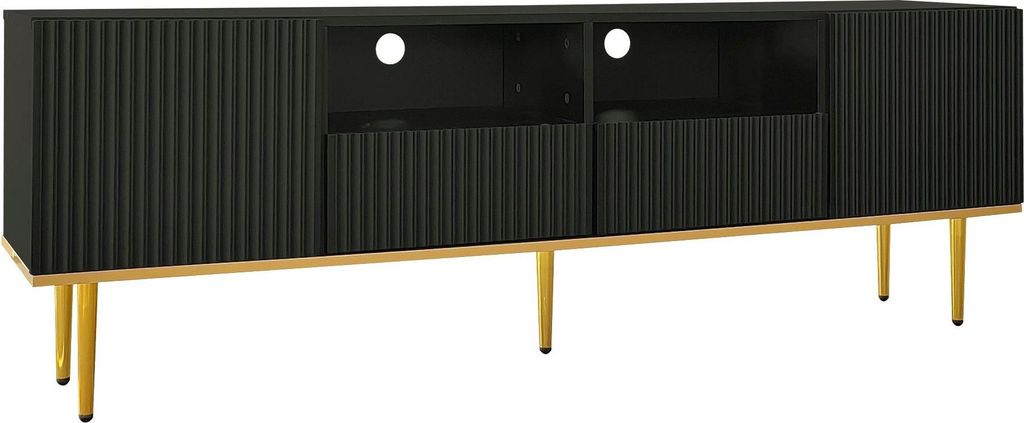 TV-Schrank TV-Moebel mit goldenen Fuessen und goldenem Rand Schwarz Wohnzimmerschrank Schliessfach Mit 2 Schubladen 2 Tueren und 2 offenen Regalen