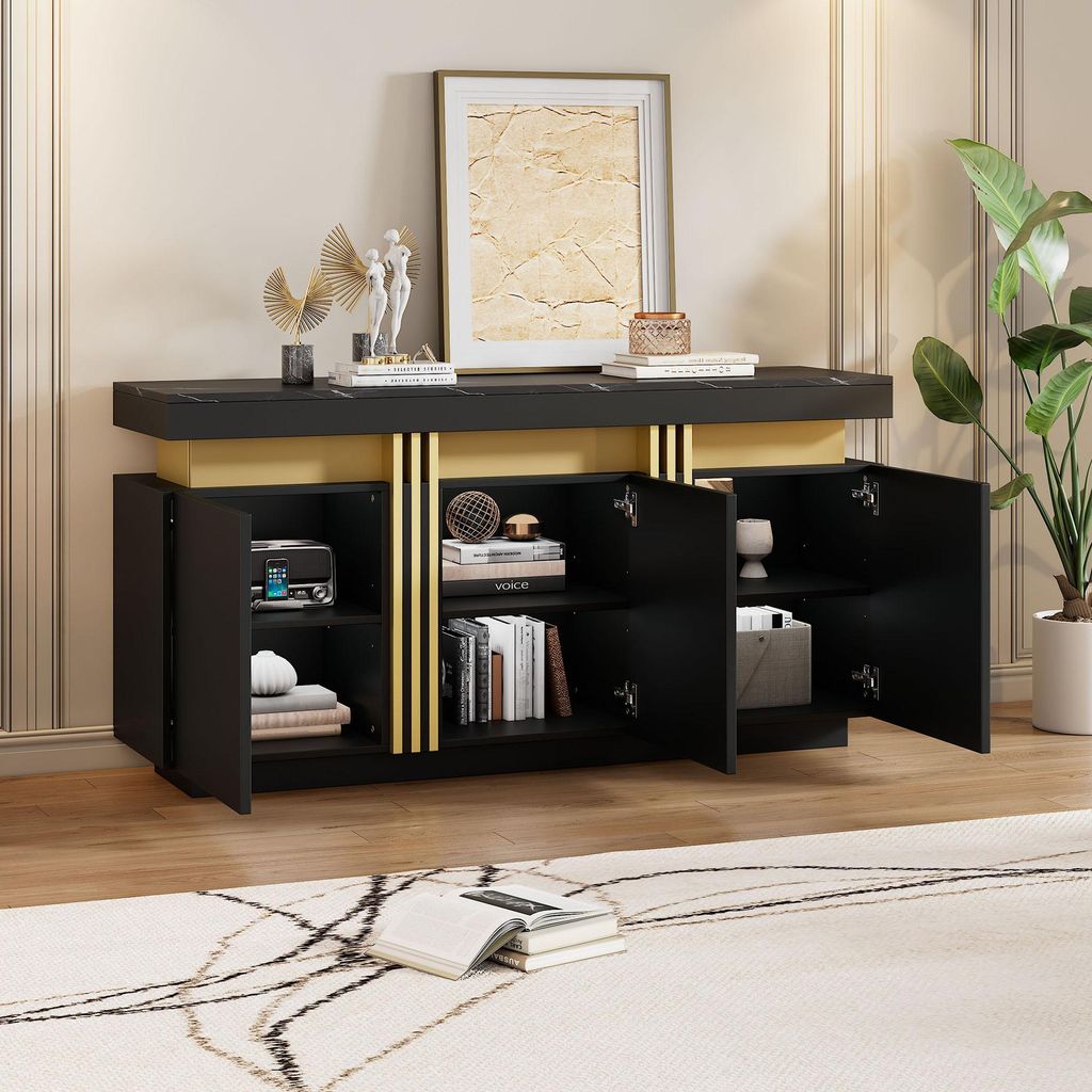 Credenza Merax nera con effetto marmo, 140x38x70cm, 3 ante, Immagine del prodotto 