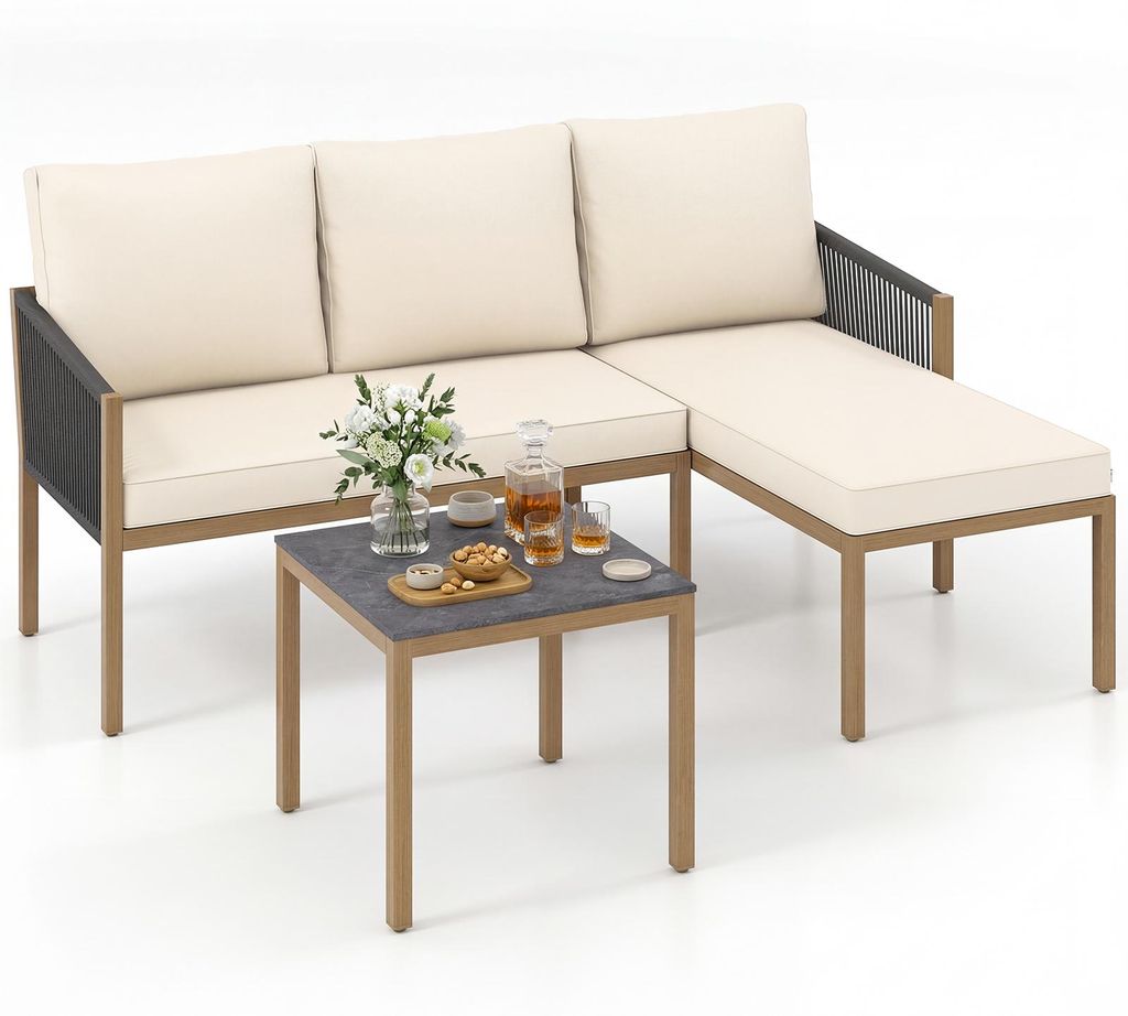 COSTWAY 3-tlg. Lounge Möbel Outdoor, Gartenlounge mit Tisch & Kissen, Gartenmöbel Set, Balkonmöbel, Terrassenmöbel, Sitzgruppe, Sitzgarnitur