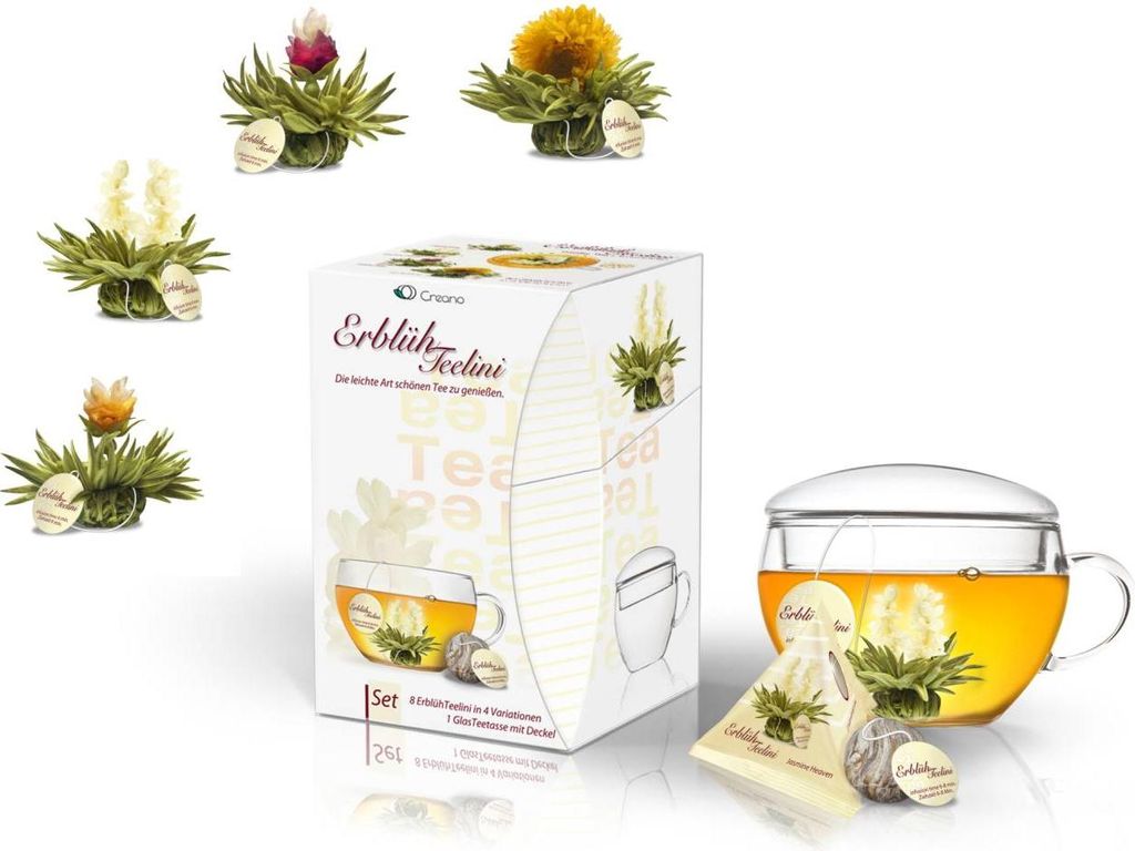 Creano ErblühTeelini Teeblumen Geschenkset mit Teeglas und Produktbild 