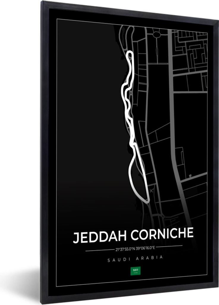 MuchoWow Gerahmtes Poster Rennstrecke - Sport - Saudi-Arabien - Formel 1 - Jeddah Corniche Circuit - Schwarz 20x30 cm - Poster mit Schwarzem Bild...