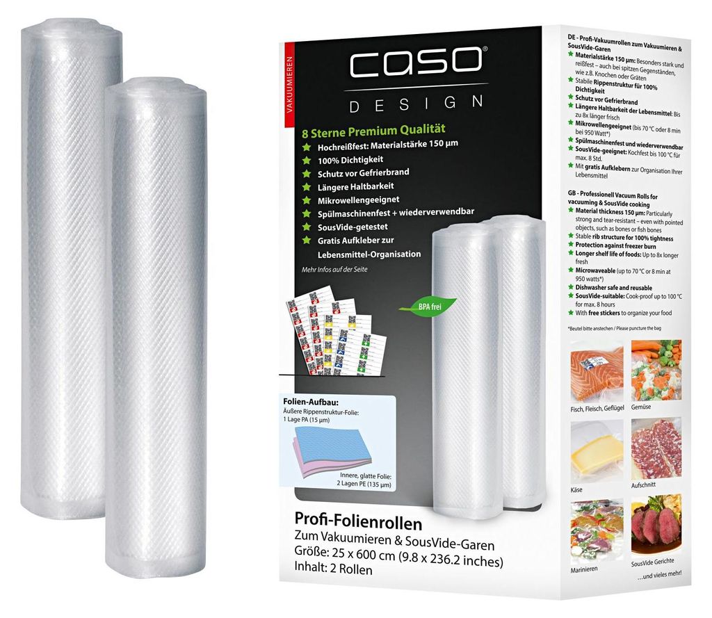A product image showcasing vacuum sealing rolls and their packaging. The packaging features product information and various images of food.
