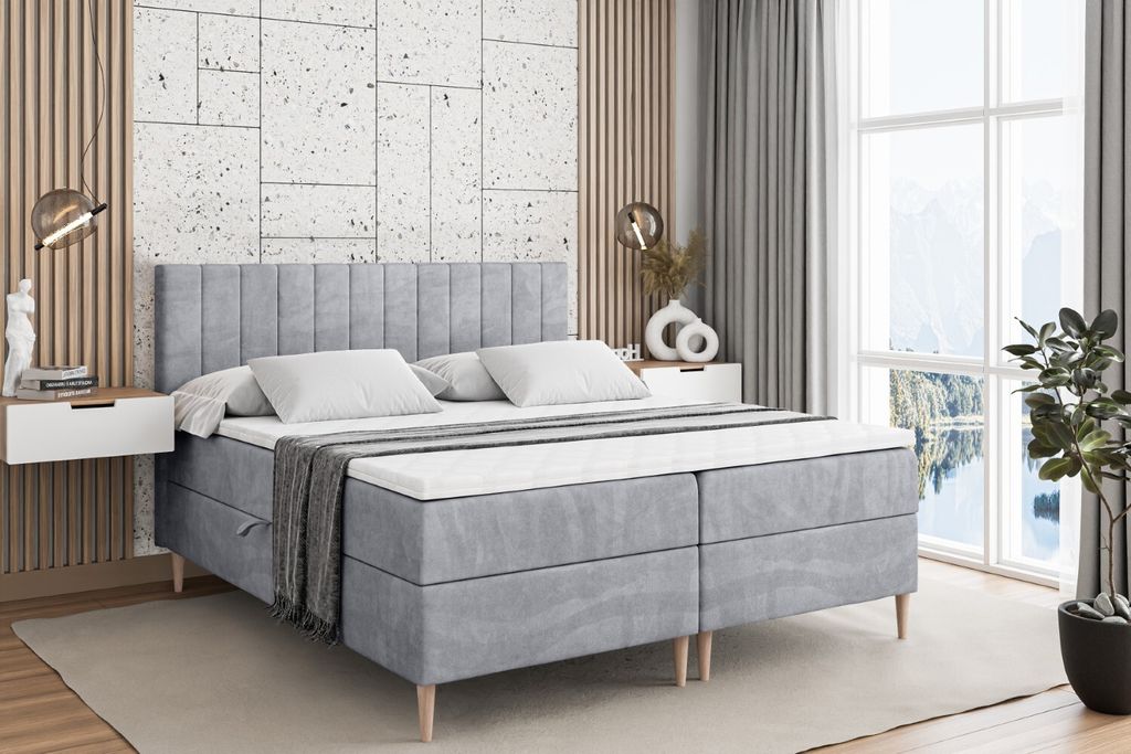 ALTDECOR Boxspringbett mit Holz Füßen, Matratze und Lattenrost, Boxbett, Topper, Polsterbett mit Bettkasten, Bett mit Stauraum H4-Matratze, Doppe...