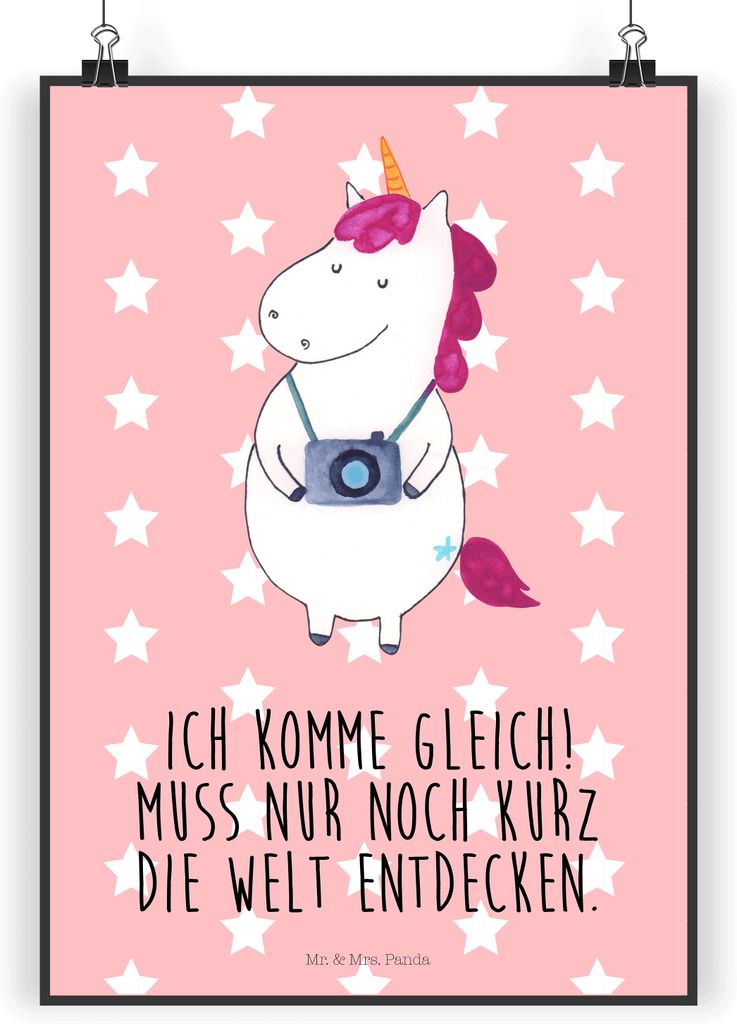 Mr. & Mrs. Panda Bild Einhorn Fotograf DIN A3 - Rot Pastell - Geschenk, drucke, Wandbild, Städtereise, Urlaub, Weltenbummler, Plakat, Kunstdruck, ...