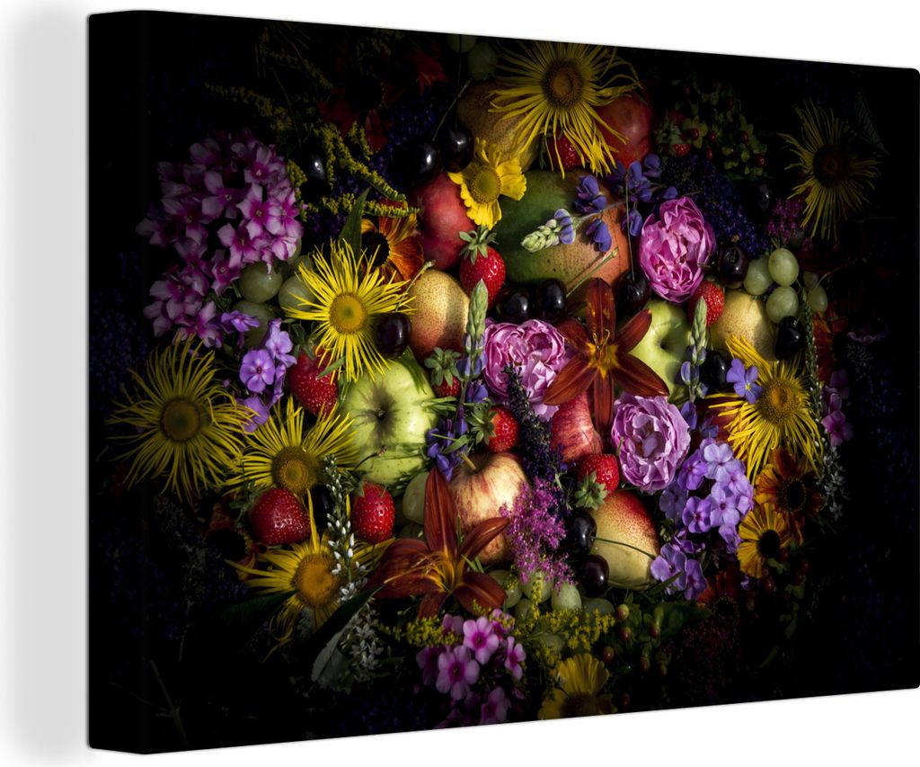OneMillionCanvasses - Leinwandbilder - 140x90 cm, Stilleben mit Blumen und Früchten, Wandbilder Kunstdruck Wanddekoration - Foto auf Leinwand - ...