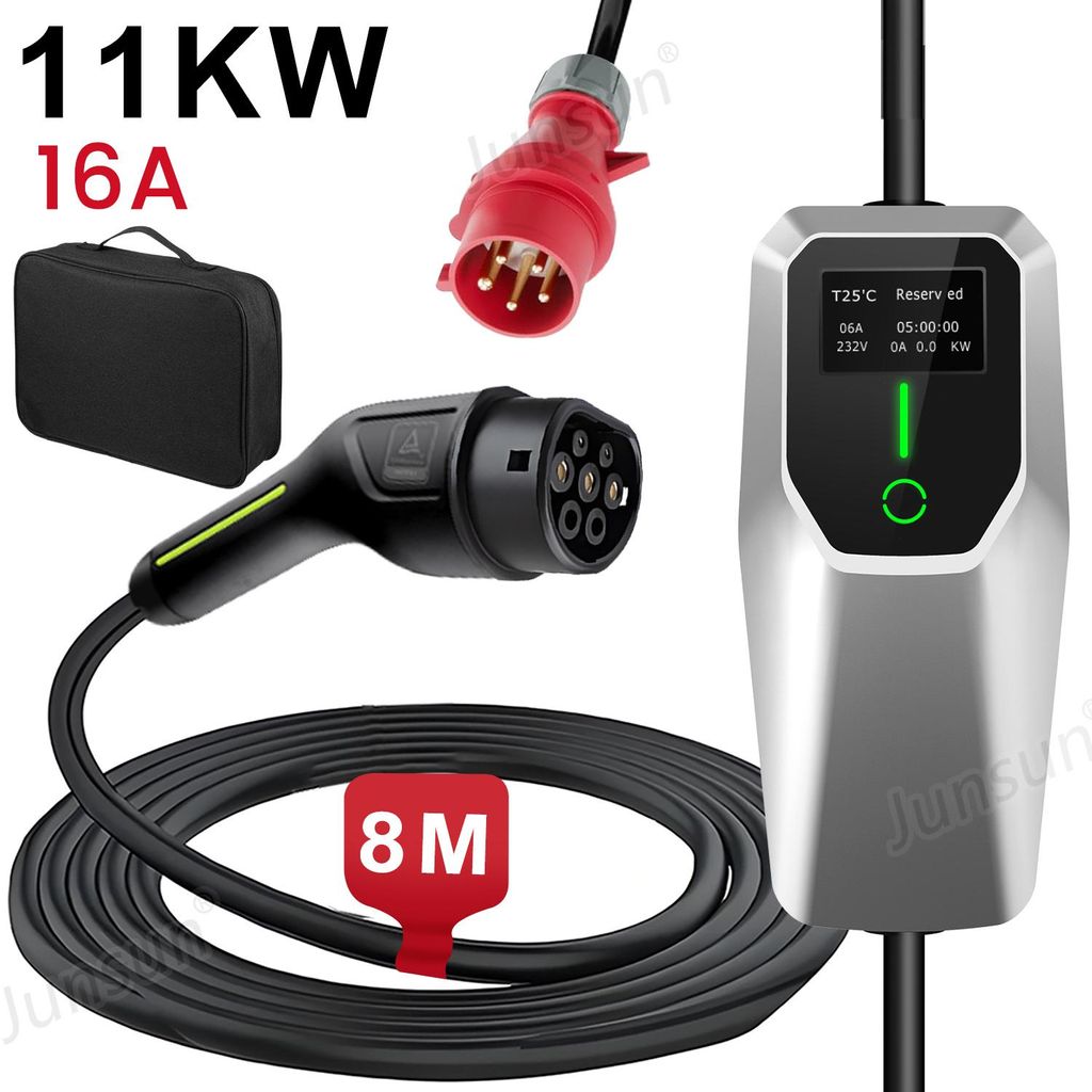 Câble de recharge Junsun EV 11 kW 8 m Type 2 triphasé 6-16A Image du produit 