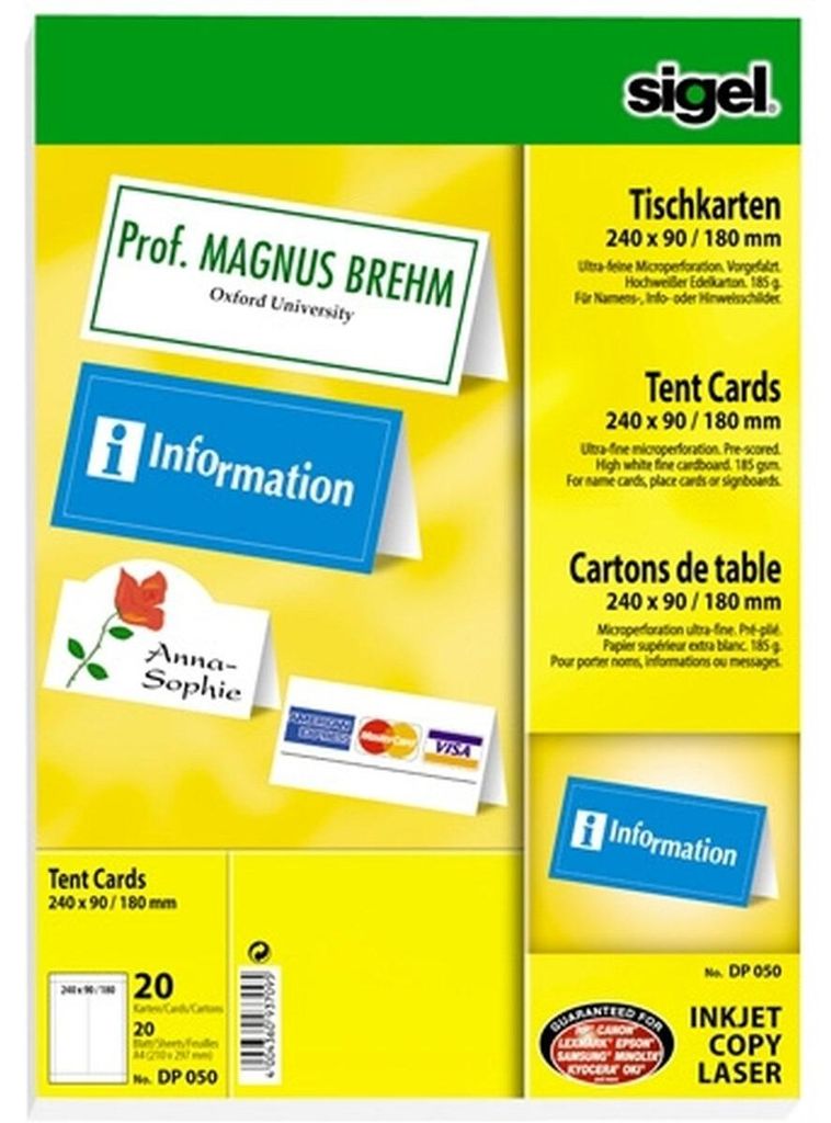 SIGEL DP050 Tischkarten, hochweiß, MP, 240x 90/180 mm (A4), Produktbild 