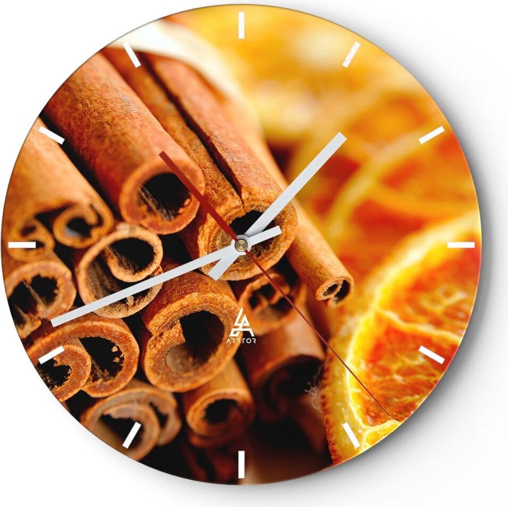 Wanduhr - Rund - Glasuhr - Zimt Orange Haufen - 30x30cm - Schleichendes Uhrwerk - Lautlos - zum Aufhängen bereit - Dekoration Modern - Wanddekorat...