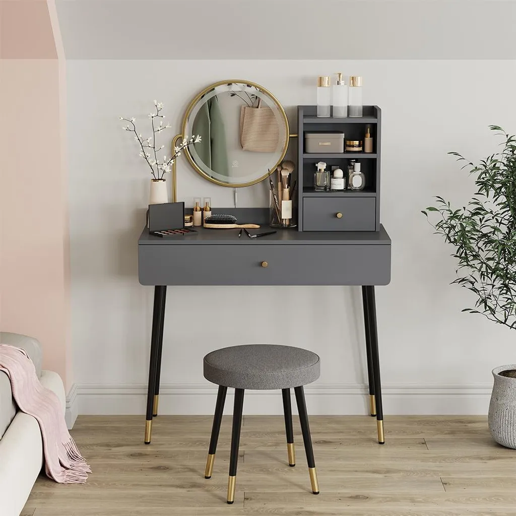 Coiffeuse Gain de Place avec Miroir LED et Rangement - Vicco Mirela Gris
