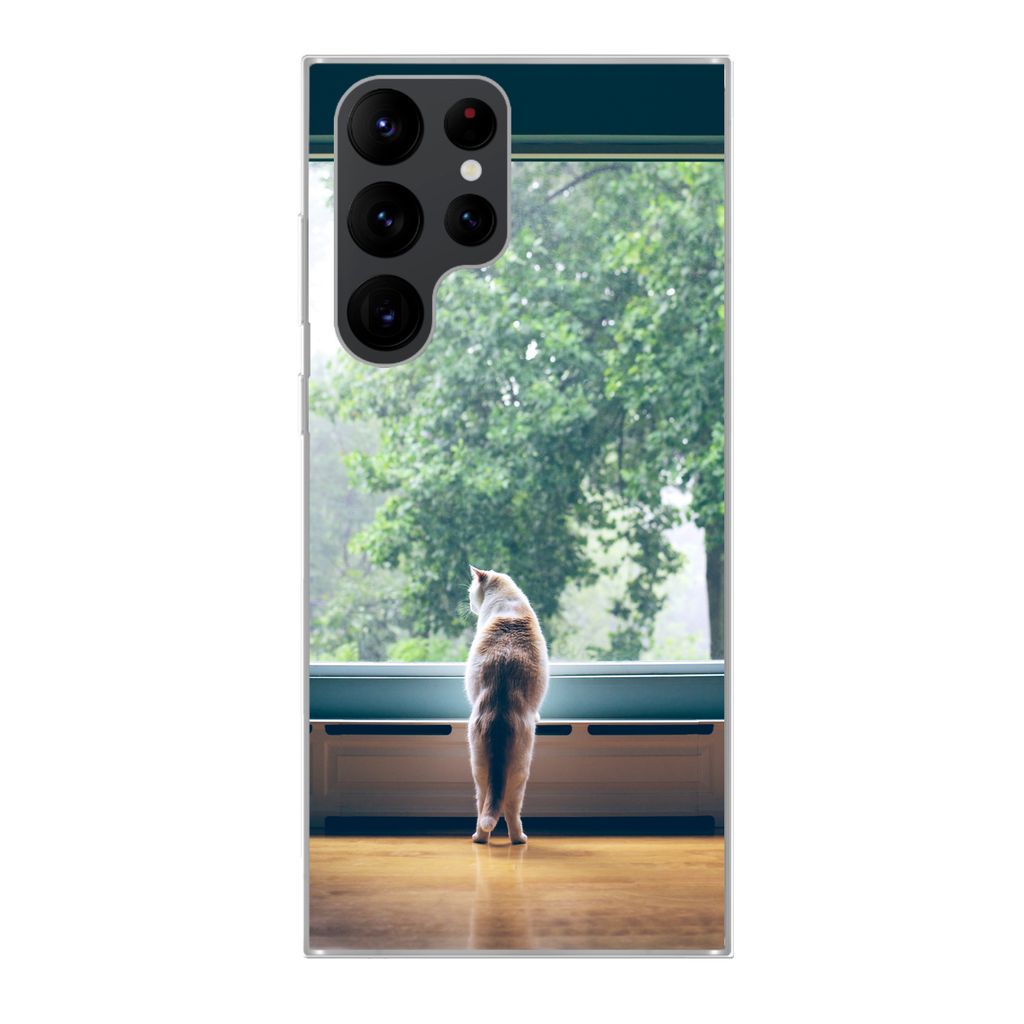 MuchoWow Handyhülle Schutzhülle Hülle für Samsung Galaxy S22 Ultra Katze - Fenster - Pflanzen Silikon Softcase Handy Hülle - Abbildung