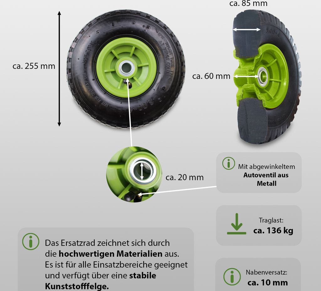 2x Sackkarrenrad Luftrad 260 x 85 mm 3.00-4 Bollerwagenrad Produktbild 3