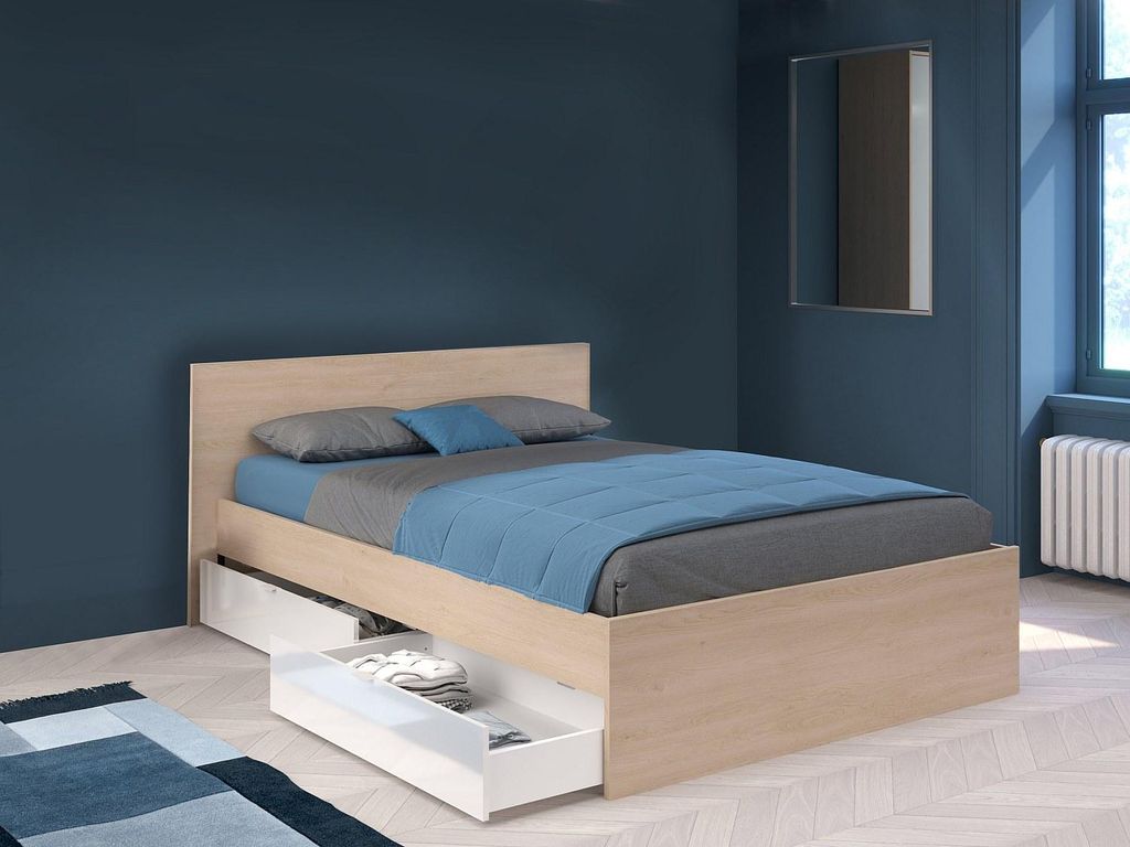Bett mit 2 Schubladen 140 x 190 cm - Natur und weiß glänzend - VELONA