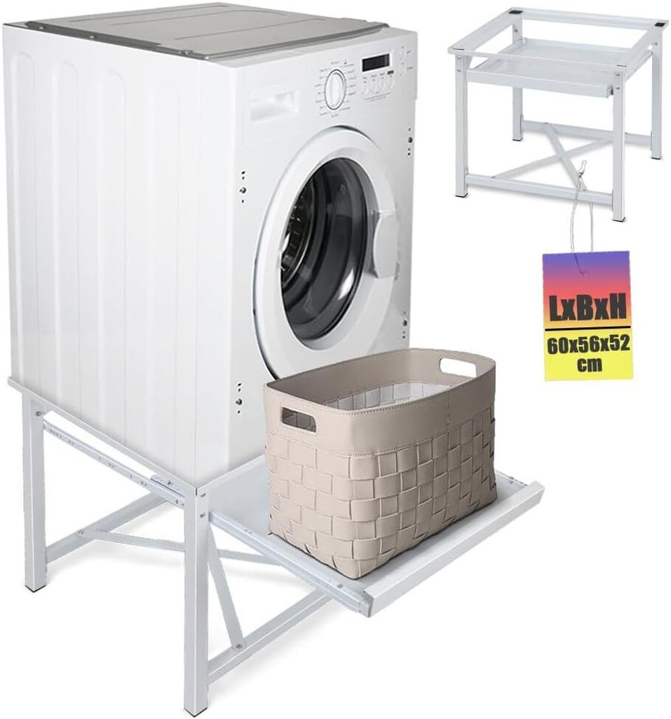 A washing machine stand with a washing machine and a laundry basket on it, with a separate stand shown in the background and a tag with dimensions.