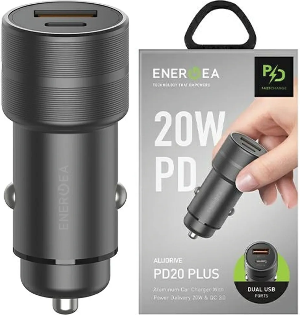 Energea Caricabatterie Auto 38W Alluminio PD 20W + QC 3.0 Grigio Rosso
