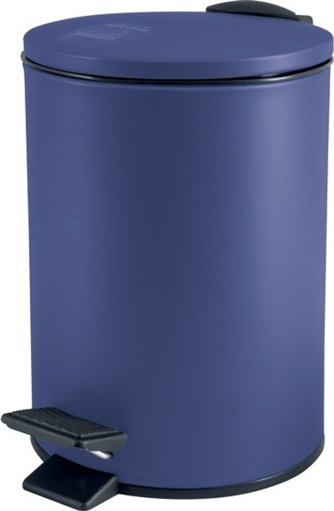 A dark blue pedal bin with a black pedal and lid.