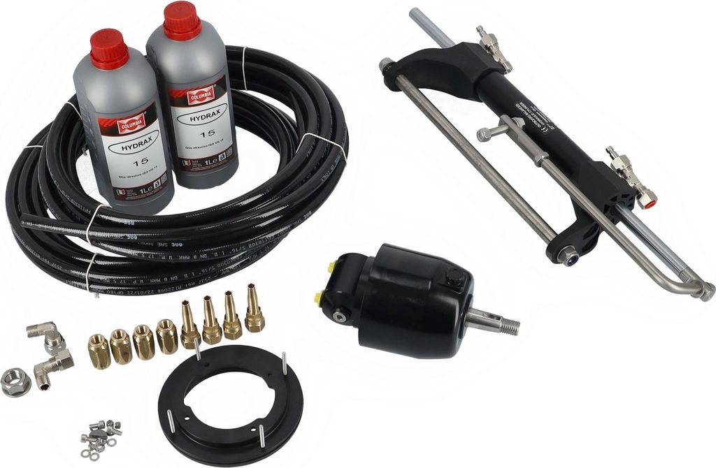 Komplett-Set hydraulische Lenkung: Bootssteuerung m. Hydraulikpumpe, Hochdruckschlauch & Hydraulik-Zylinder Größe: bis 115 PS