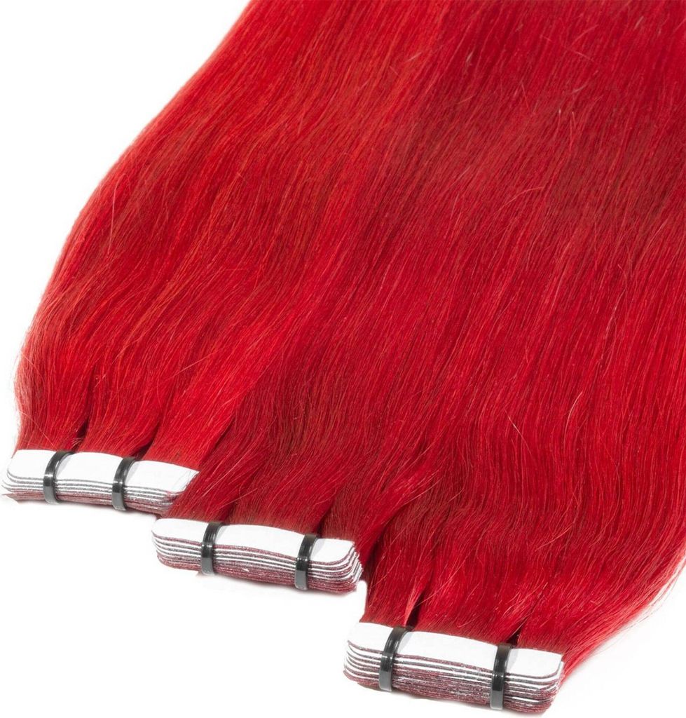 Hair2heart Tape Extensions Echthaar Gewellt – 30 Tapes à 2,5g, 50cm Länge, Farbe 0/44 Rot Intensiv, Für Haarverlängerung & Verdichtung