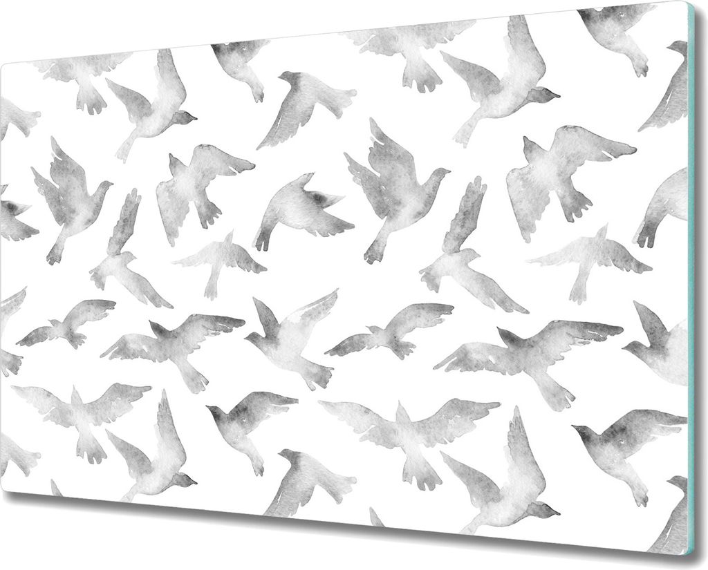 Glas-Herdabdeckplatte Glaskeramikkochfeld-Abdeckung Spritzschutz - 80x52 cm - Graue Aquarell Vogel