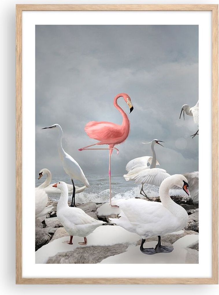 Gerahmtes Poster - Rahmen in heller Eiche - Flamingo Schwan Fantasie - 50x70 cm - Wand Bild - Wanddeko - Wandbilder - Kunstposter - Wandposter - Bi...