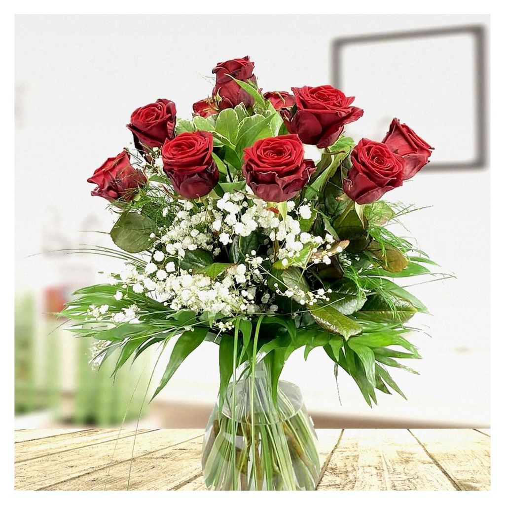 Roter Rosenstrauß - Blumenstrauß mit 10 roten XXL Rosen und Schleierkraut - Inklusive er Grußkarte