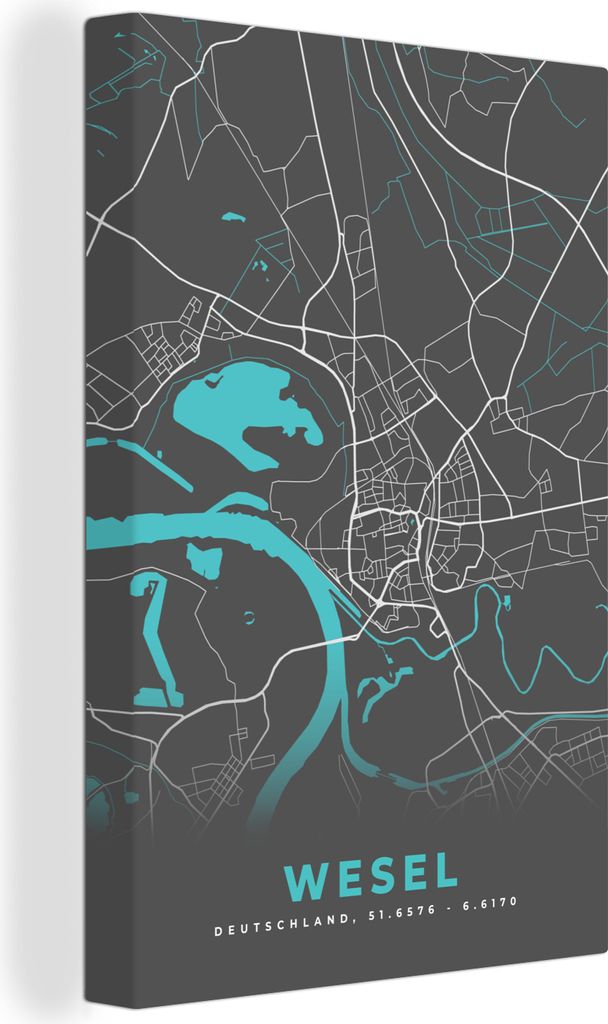 OneMillionCanvasses - Leinwandbilder - 90x140 cm, Deutschland - Blau - Wesel - Stadtplan - Karte, Wandbilder Kunstdruck Wanddekoration - Foto auf...