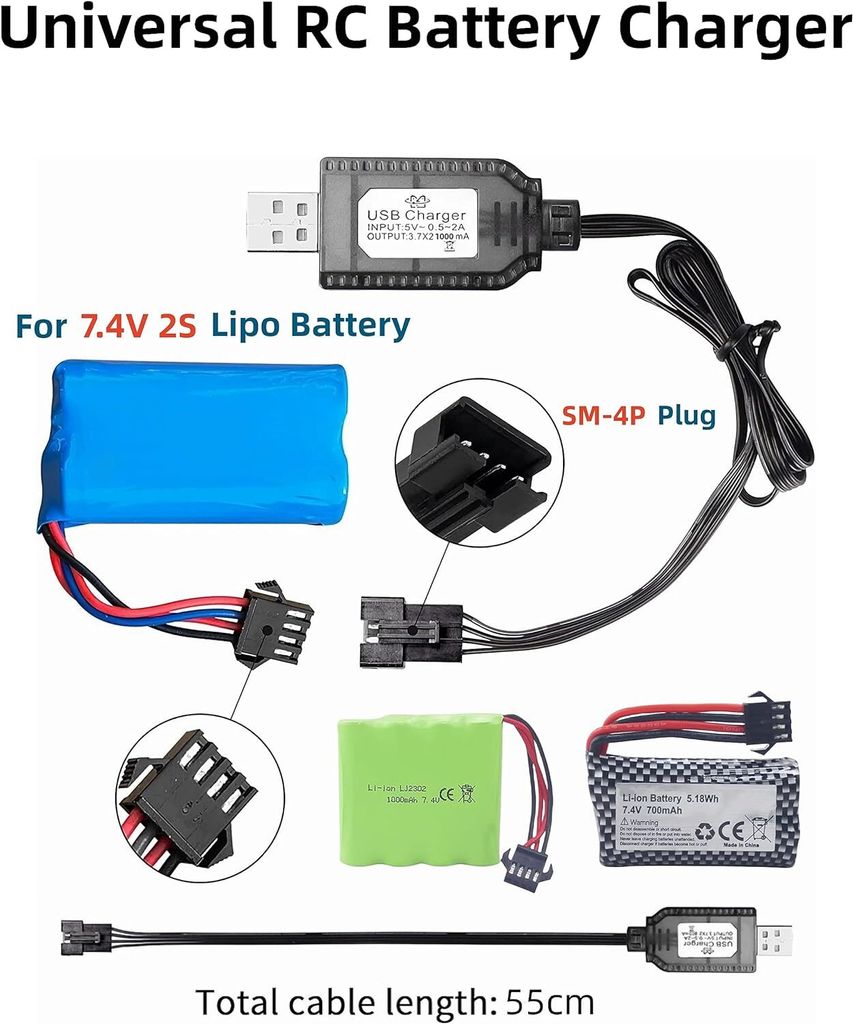 LEFU Câble de Chargeur USB pour Batterie au Lithium 3,7 V avec Prise SM-2 Broches Compatible pour Voiture RC Avion RC Tank RC Bateau et Autres Jouets