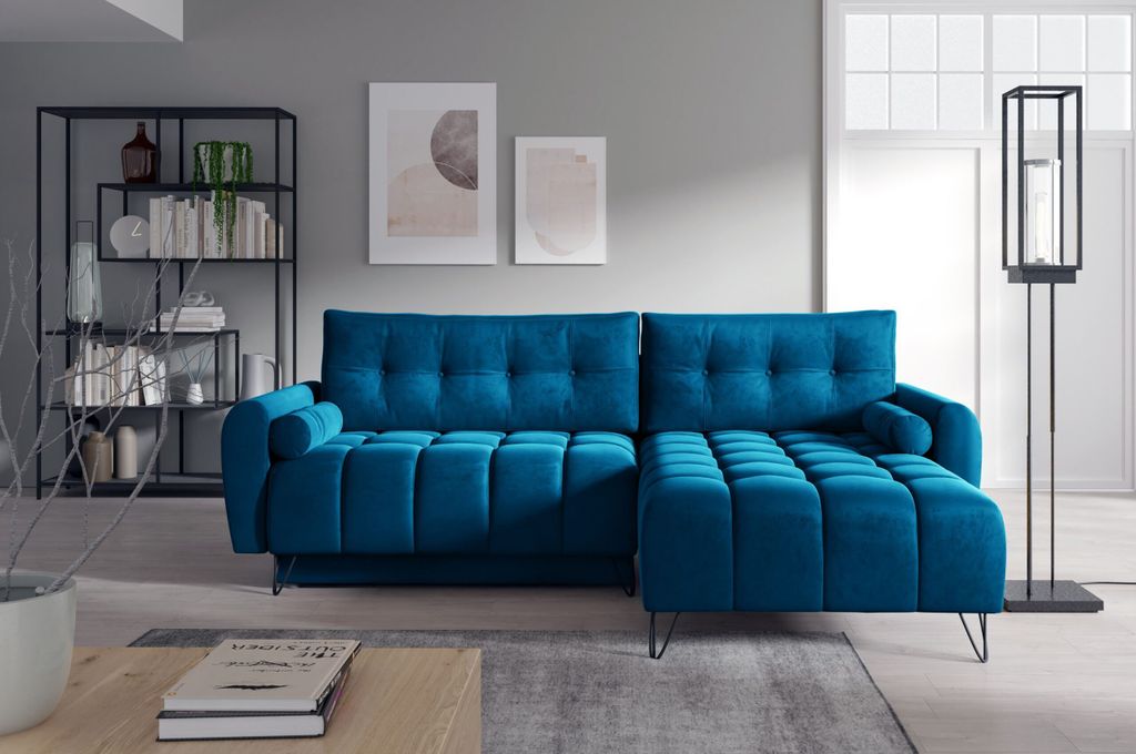 Elegante Ecke - Ecksofa Ohio Dunkelblau - Couch mit Schlaffunktion, Bettzeugablage, L-förmiges Ecksofa Wohnzimmermöbel, Wohnzimmergarnitur, Sofag...