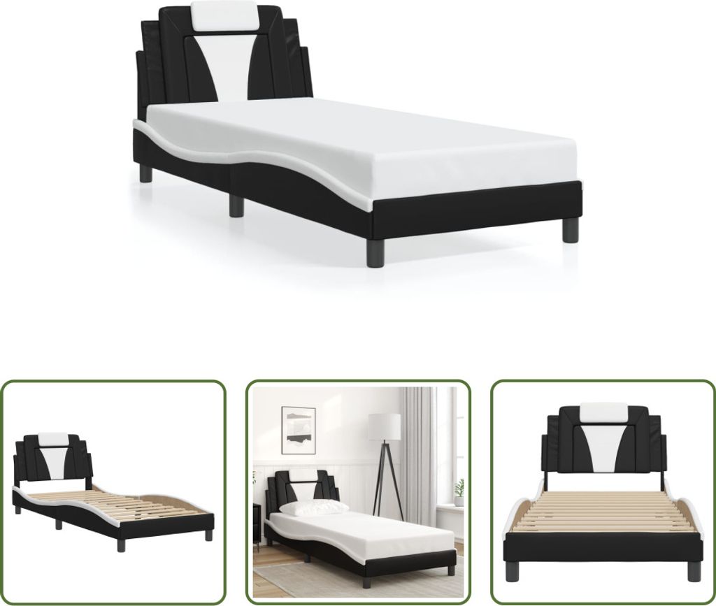 The Living Store Bettgestell mit Kopfteil Schwarz und Weiß 90x200 cm Kunstleder