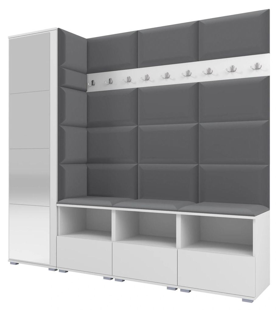 Garderobe NELA IX 200 cm Modulare Flurmöbel Weiß mit Spiegel & Sitzpolster Dunkelgrau 15 (Breite Sitzbank)