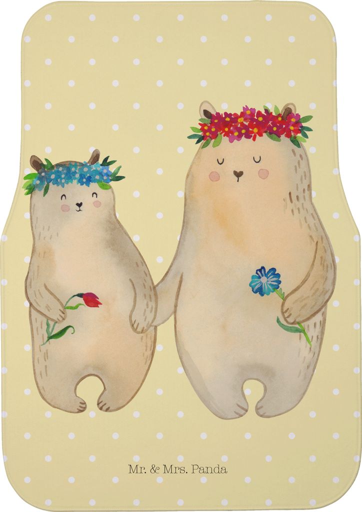 Mr. & Mrs. Panda Fußmatte Fürs Auto Bären mit Blumenkranz - Gelb Pastell - Geschenk, Automatte, Teppich, Kinder, Mama, Autoteppich, Muttertag, F...