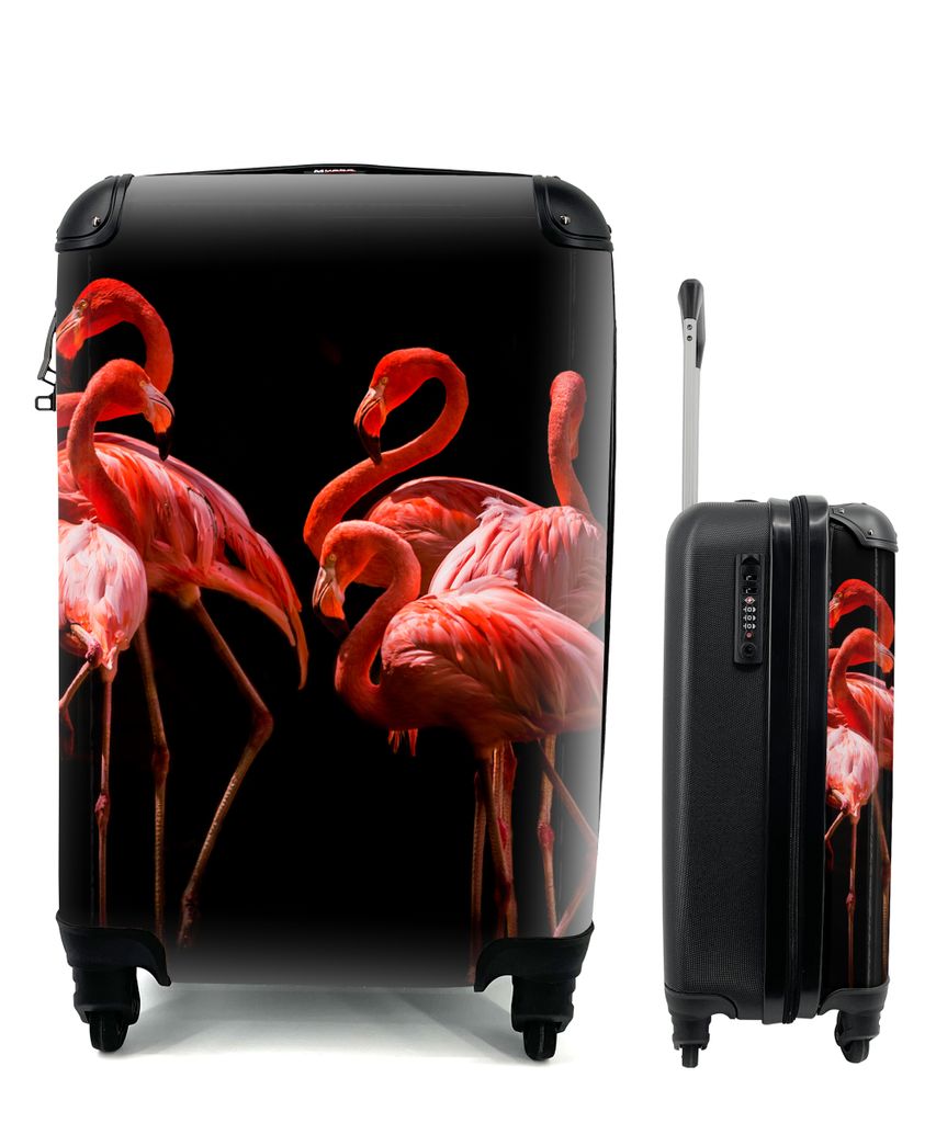 MuchoWow Koffer Handgepäck Trolley Rollkoffer Kleine Reisekoffer mit 4 Rollen - Flamingos - Vögel - Federn - Schwarz - Cabin Size < 55x40x23 cm...
