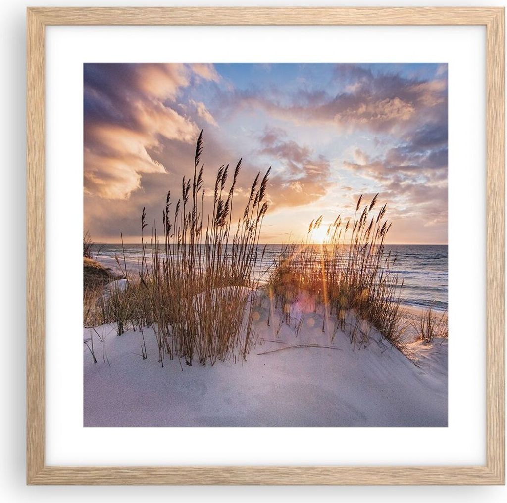 Gerahmtes Poster - Rahmen in heller Eiche - Westen auf der Strand - 40x40 cm - Wand Bild - Wanddeko - Wandbilder - Kunstposter - Wandposter - Bilde...