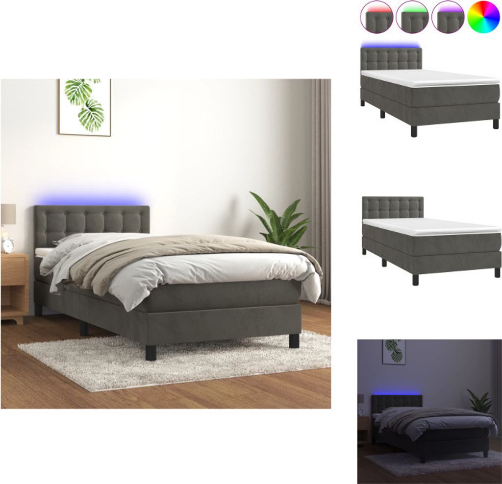 vidaXL Boxspringbett mit Matratze & LED Dunkelgrau 80x200 cm Samt - Betten & Bettgestelle