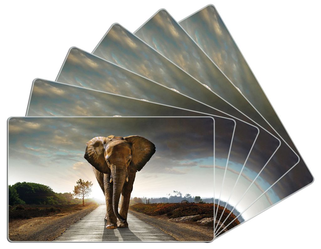 Wallario Frühstücksbrettchen 6er Set aus Glas, je 14 x 23 cm, mit rutschfesten Füßen, Motiv Elefant bei Sonnenaufgang in Afrika