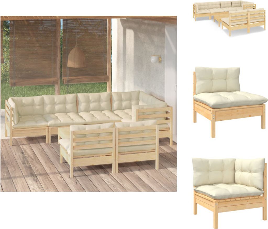 vidaXL 8-tlg. Garten-Lounge-Set mit Creme Kissen Massivholz Kiefer - Gartenmöbel-Sets