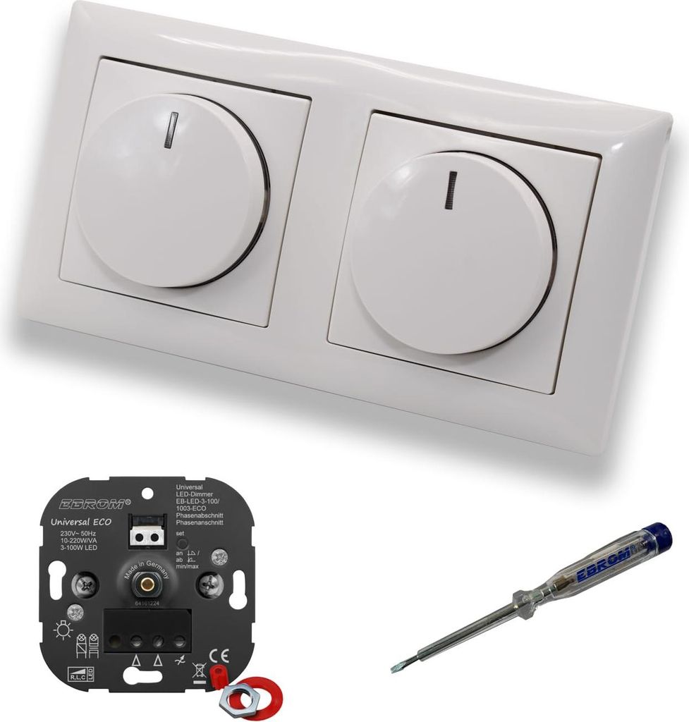 EBROM 1003 Universal ECO (2 Stück) LED Drehdimmer Dimmer + Busch Jäger Dimmerscheiben 2115-914 in BalanceSi alpinweiß glänzend im 2-fach Rahmen...