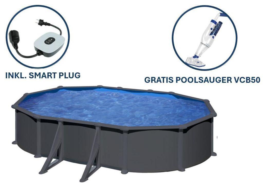 GRE Ovaler Stahlwandpool mit Anthrazitoptik KITPROV508GY – 500 x 300 x 132 cm, Komplettset + GRATIS Elektrischer Poolreiniger VCB50