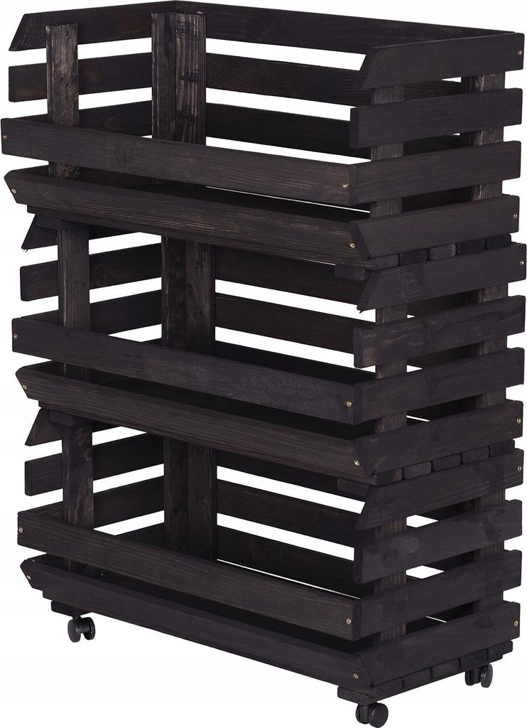 STOLMAK Schwarz Obstkiste aus Holz mit Rollen – 3 Etagen – 57x79x30 cm – Aufbewahrung für Obst & Gemüse – Stapelbar – Holzkiste Regal m...