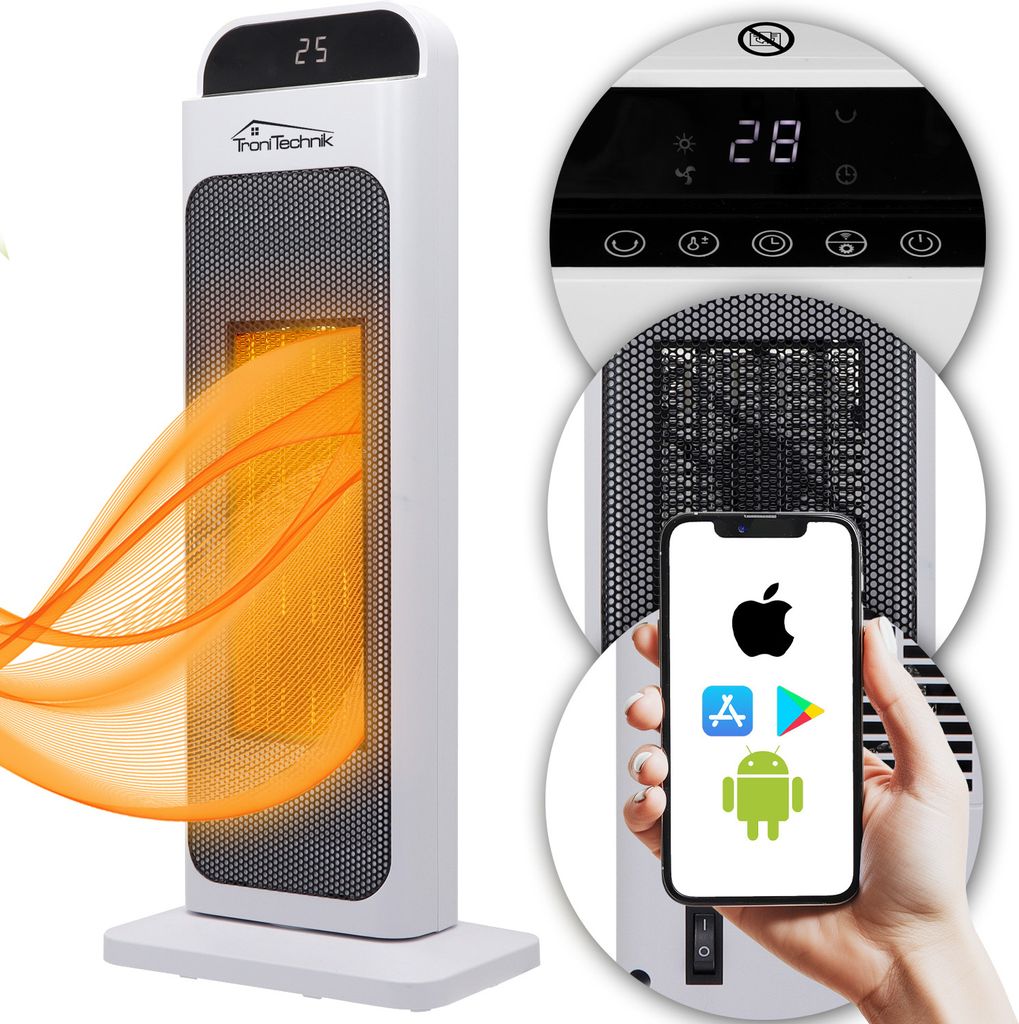 TroniTechnik Turm-Keramik-Heizer 2000 Watt WIFI / APP, Heizlüfter, Fernbedienung, Oszillation, Timer, Kippsicherung, LCD