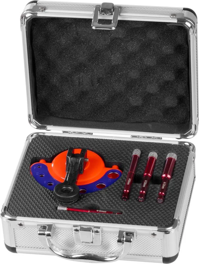 Set di frese Strend Pro Premium, 6-8-10-12 mm, 1/4" Hex, diamantate, a tazza, professionale, con dima per foratura