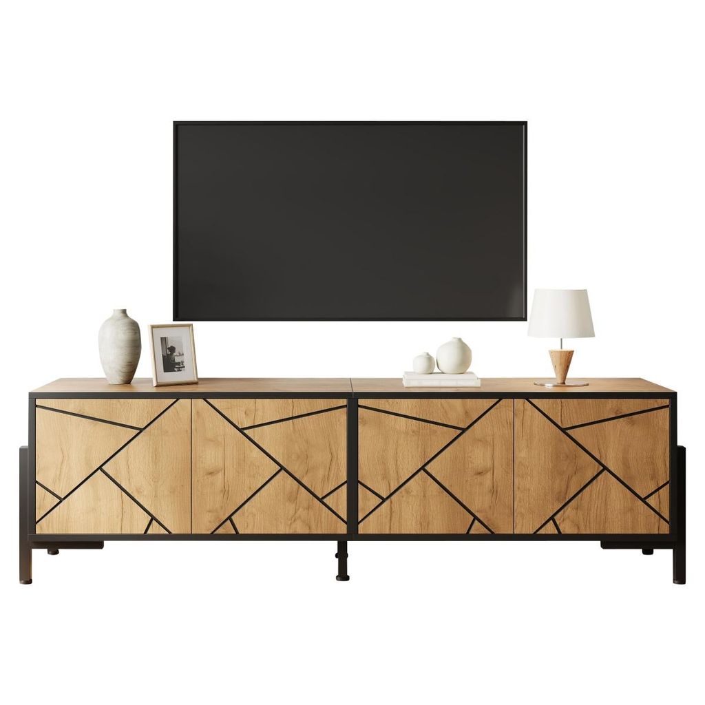 TV-Schrank mit 4 Türen Kontrastierendem Geometrischem Design TV-Tisch TV-Ständer TV Board für Fernseher um die 65 Zoll 153 x 40 x 50 cm Natural
