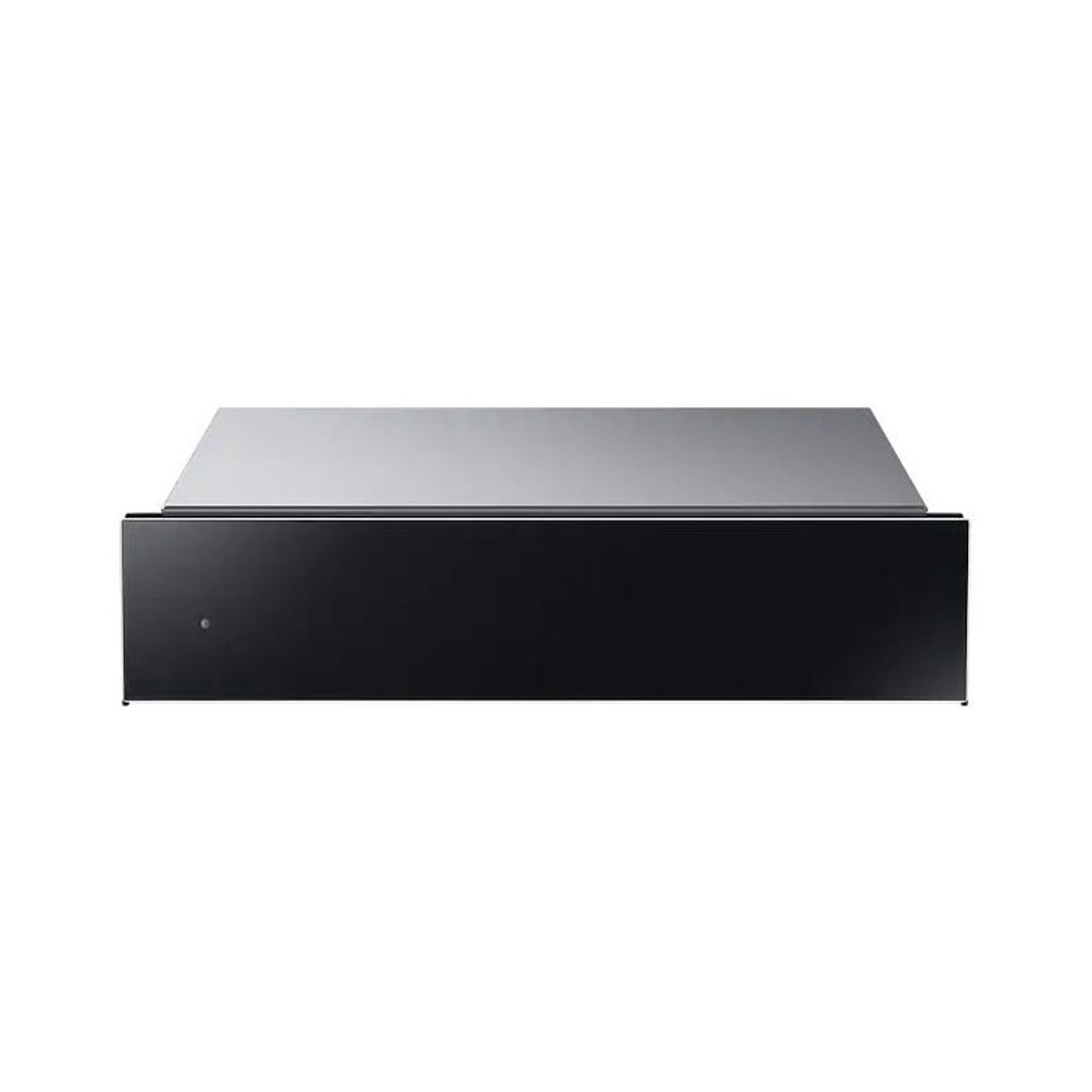 A product shot of a black and silver warming drawer against a white background.